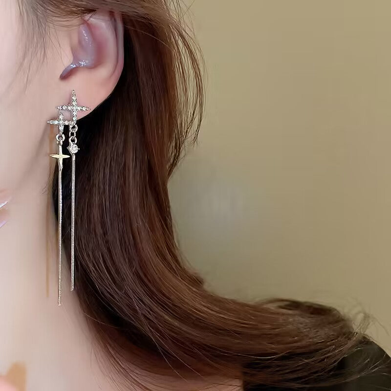 YQQ  キラキラ スター 非対称タッセルピアス