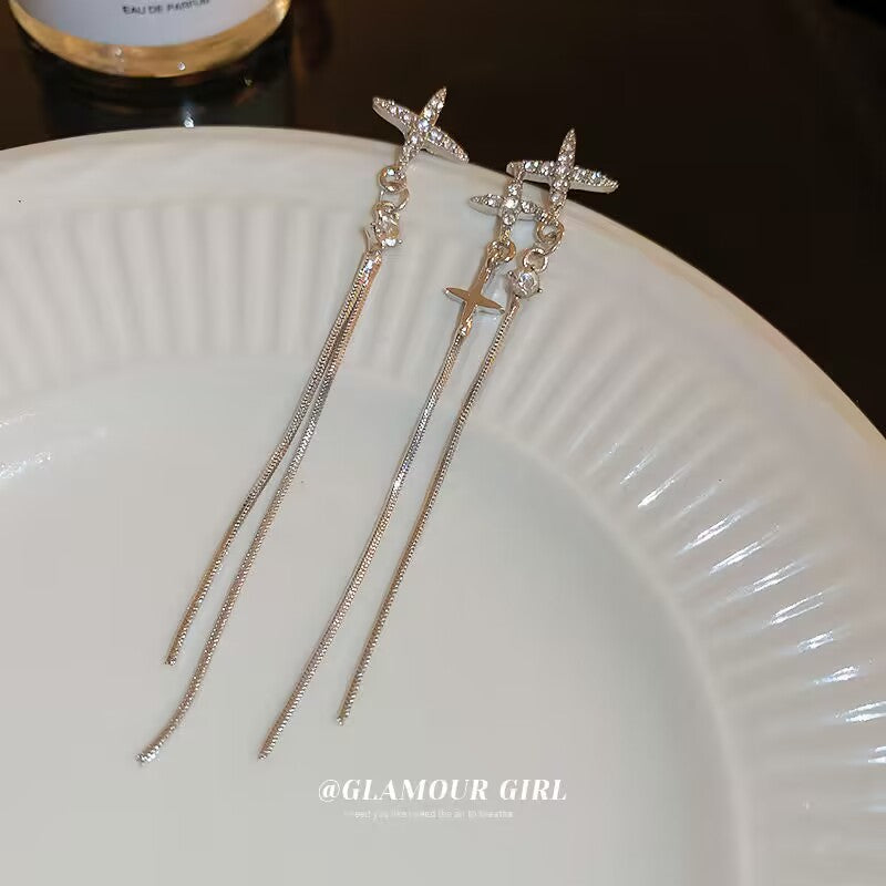 YQQ  キラキラ スター 非対称タッセルピアス