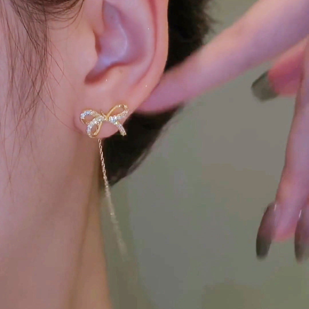 XYW  高級  優しそうで上品  リボン  フリンジ  長耳線  イヤリング  ピアス