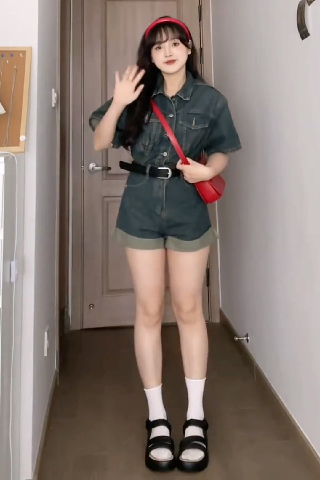 XYW  レトロスタイル  ハイウエスト  デニムパンツ  ジャンプスーツ  着やせ