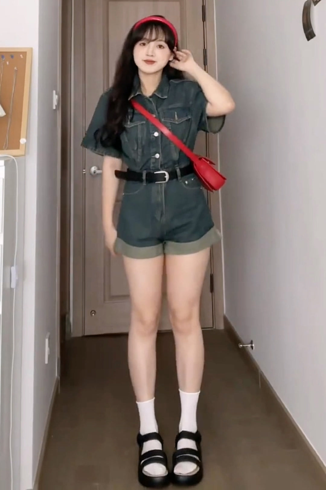 XYW  レトロスタイル  ハイウエスト  デニムパンツ  ジャンプスーツ  着やせ