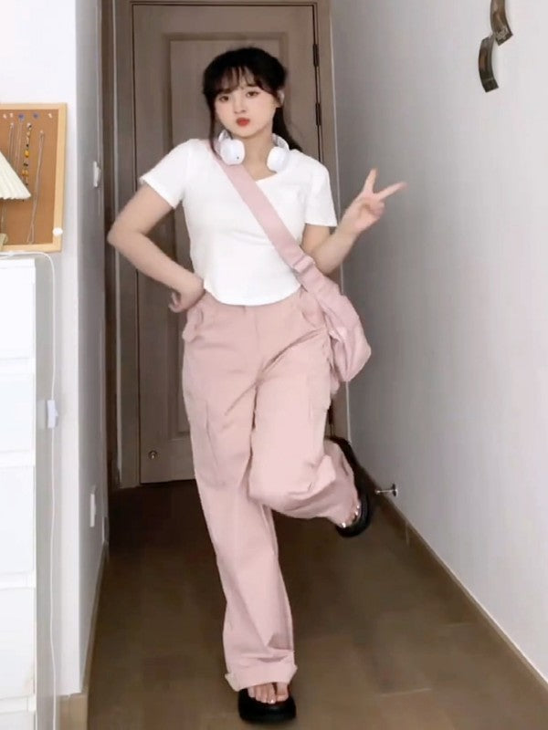 XYW  ピンク  大きなポケット  カーゴパンツ  ストリート  ギャル