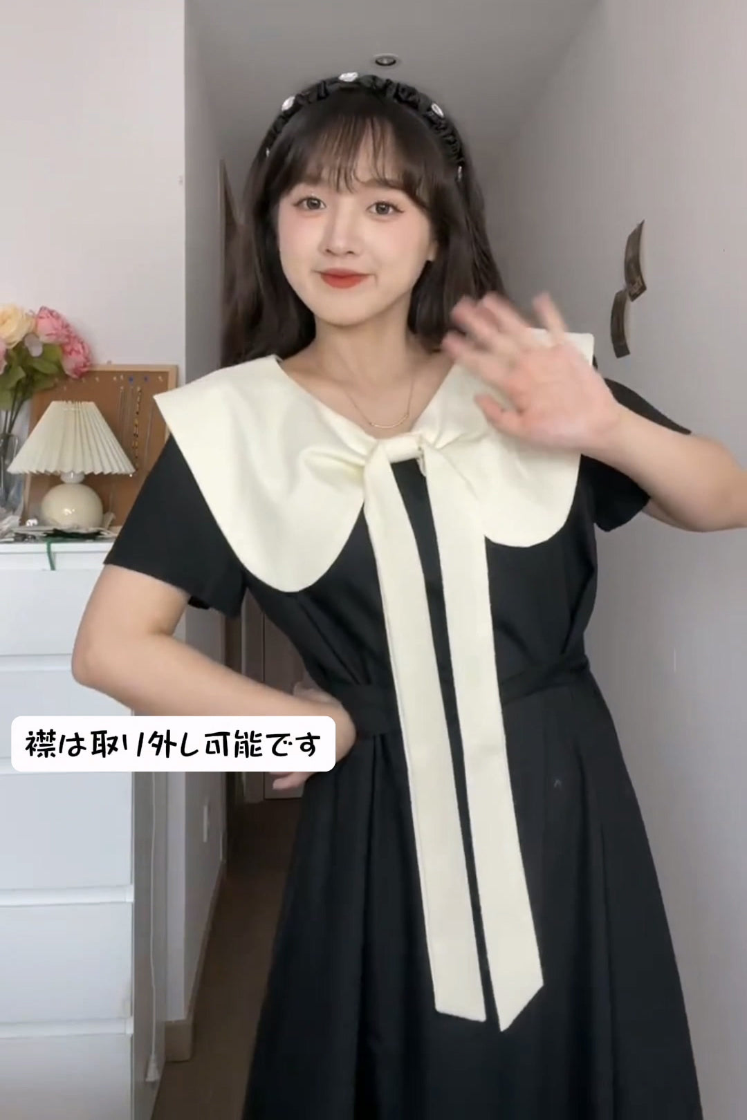 XYW   取り外し可能な襟  スクエアネック  2通りの着方  ロング/ショートタイプ  ワンピース  着やせ