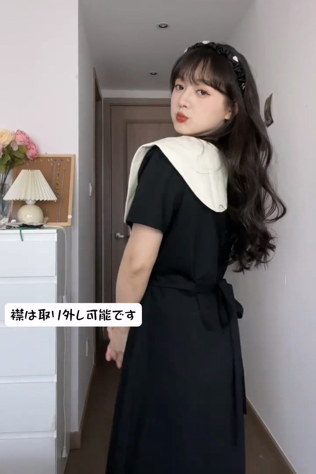XYW   取り外し可能な襟  スクエアネック  2通りの着方  ロング/ショートタイプ  ワンピース  着やせ