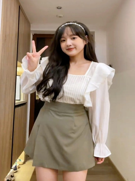 【予約】XYW  フレンチ  フリル  シャツ + キュロット  スカート  ショートパンツ  セット フェミニン