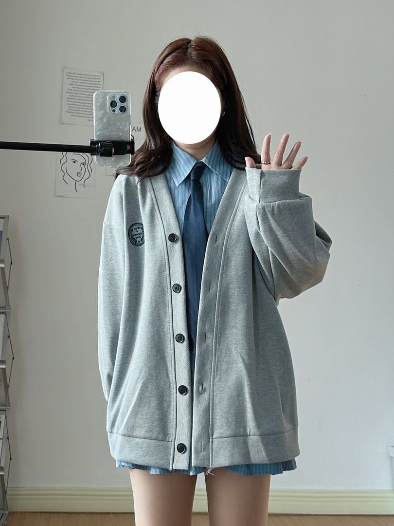 XYW  長袖  ストライプ  シャツ  ワンピース + ネクタイ + グレーカーディガン  セット