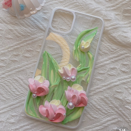 OL  ピンク チューリップ手描きスマホケース   ホイップ携帯ケース