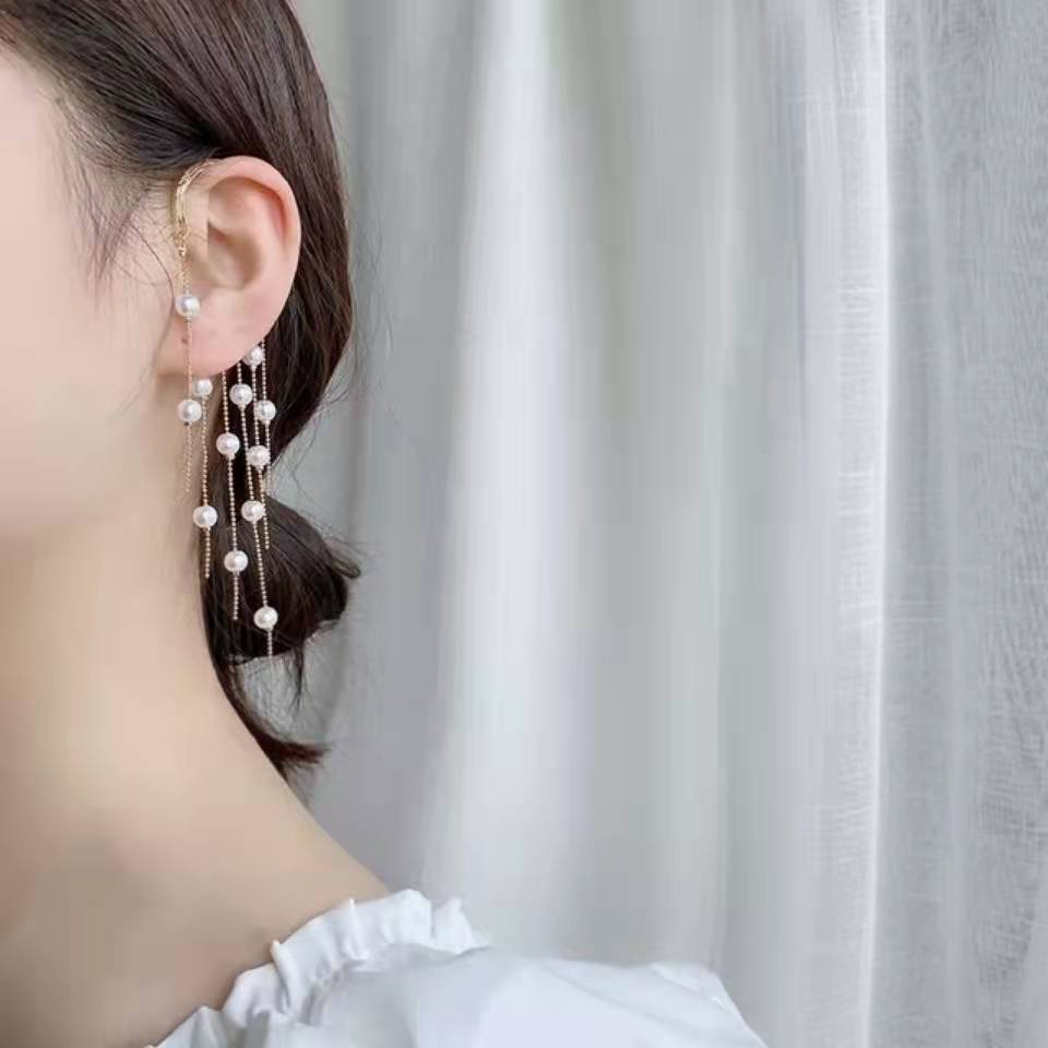 LF 韓国流行の新品 無耳洞 耳クリップ 後掛 パールフリンジ