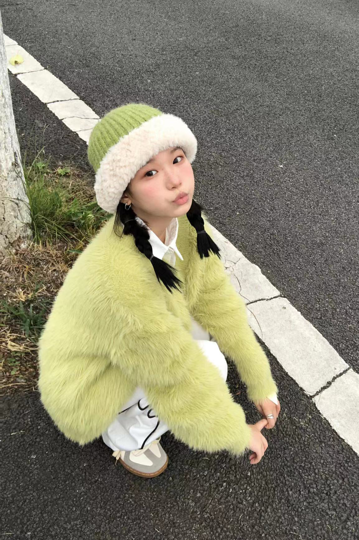 前壳 XYW グリーン ふわふわ カーディガン セーター