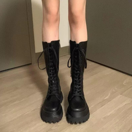LF  厚底 レースアップ ロングブーツ かっこいい ブーツレディース