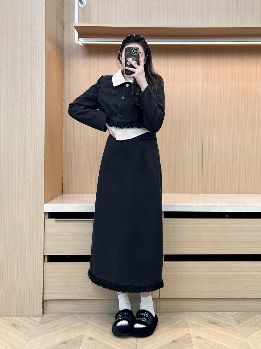 XYW レトロスタイル タッセル トップス ショートコート＋ロングスカート/ミニスカート セット