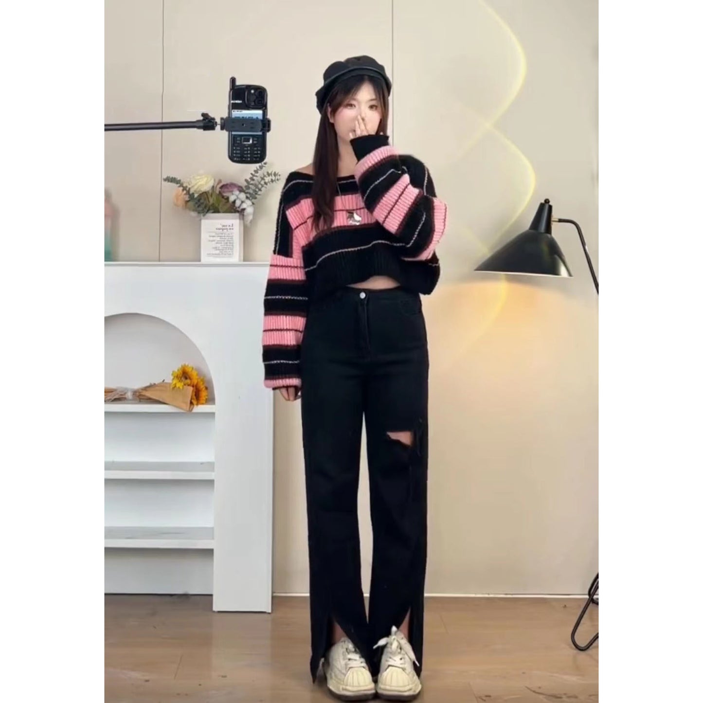 XYW  ボーダートップス  セーター  ゆったり  ニットシャツ  かっこかわいい