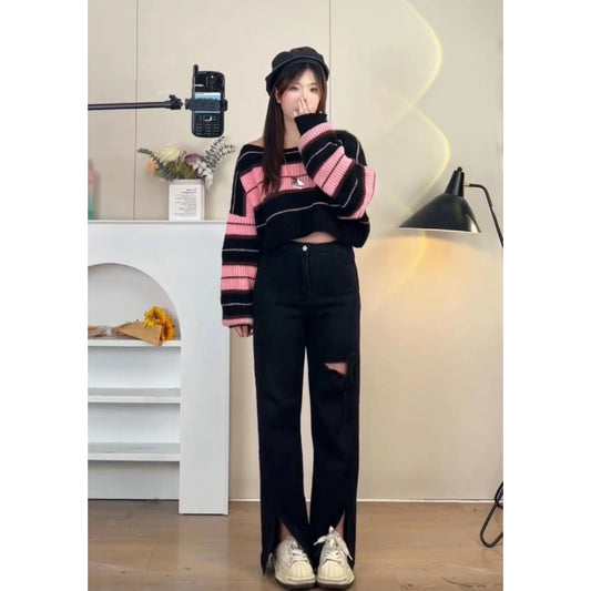 XYW  ボーダートップス  セーター  ゆったり  ニットシャツ  かっこかわいい