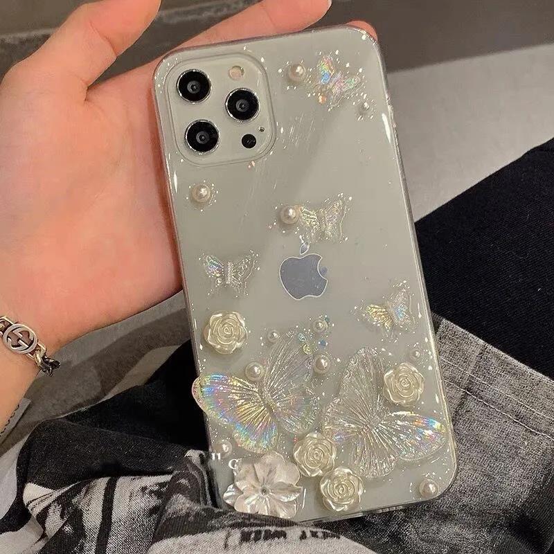OL 仙気立体蝶バラ真珠透明シリカゲル携帯電話ケース