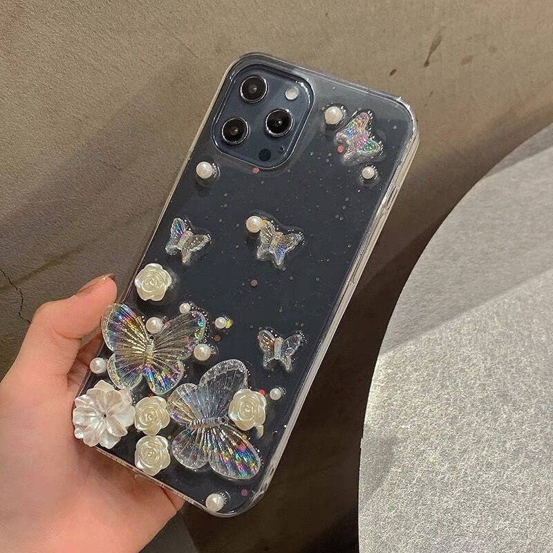 OL 仙気立体蝶バラ真珠透明シリカゲル携帯電話ケース