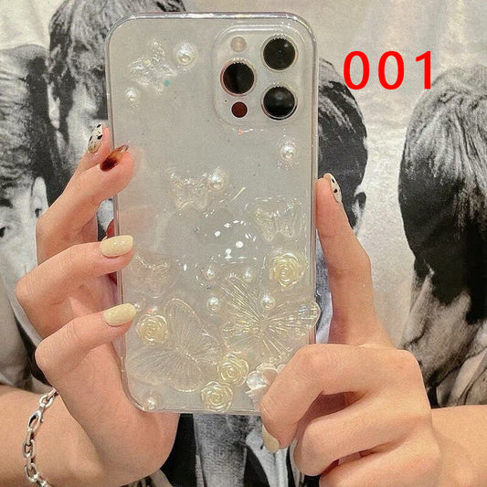 OL 仙気立体蝶バラ真珠透明シリカゲル携帯電話ケース