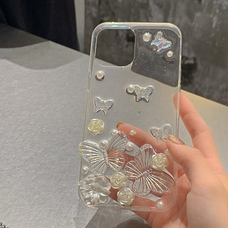 OL 仙気立体蝶バラ真珠透明シリカゲル携帯電話ケース