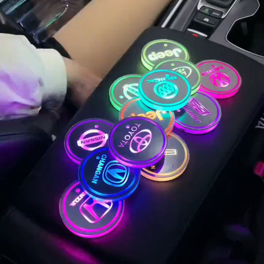 LF LED ドリンクホルダー レインボー カーカップホルダー 2個セット 車載 ロゴ  マット  パッド セット 車用品