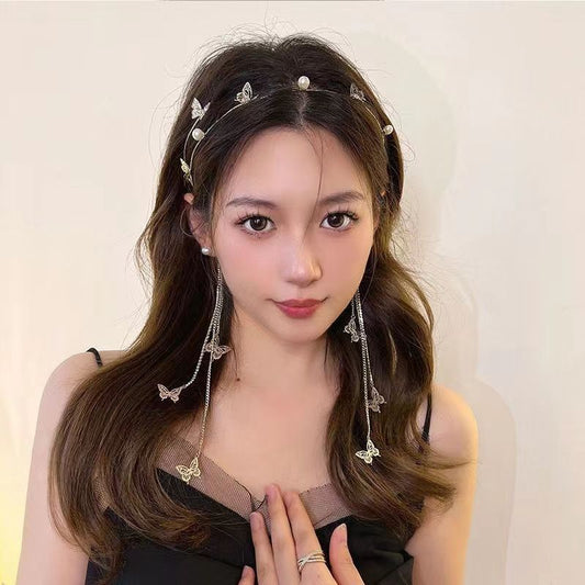 LF  きらきら  ヘアバンド  パール バタフライタッセルヘアクリップ  ヘッドバンド