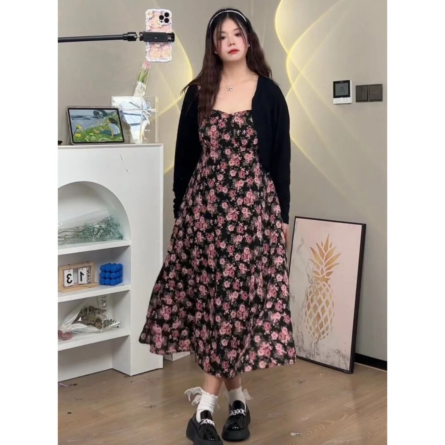 XYW  花柄キャミワンピ カーディガン  着やせ 優し  かわいい  2点セット