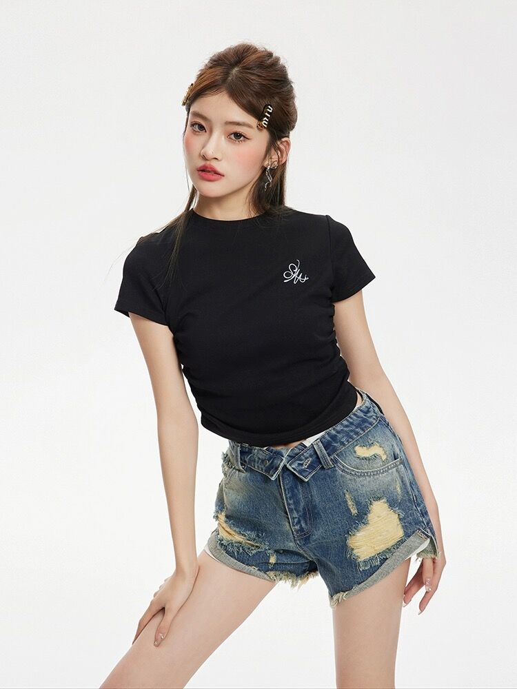 XYW  ショート  トップス  半袖  Tシャツ  サイドドローコード  着やせ  ギャル