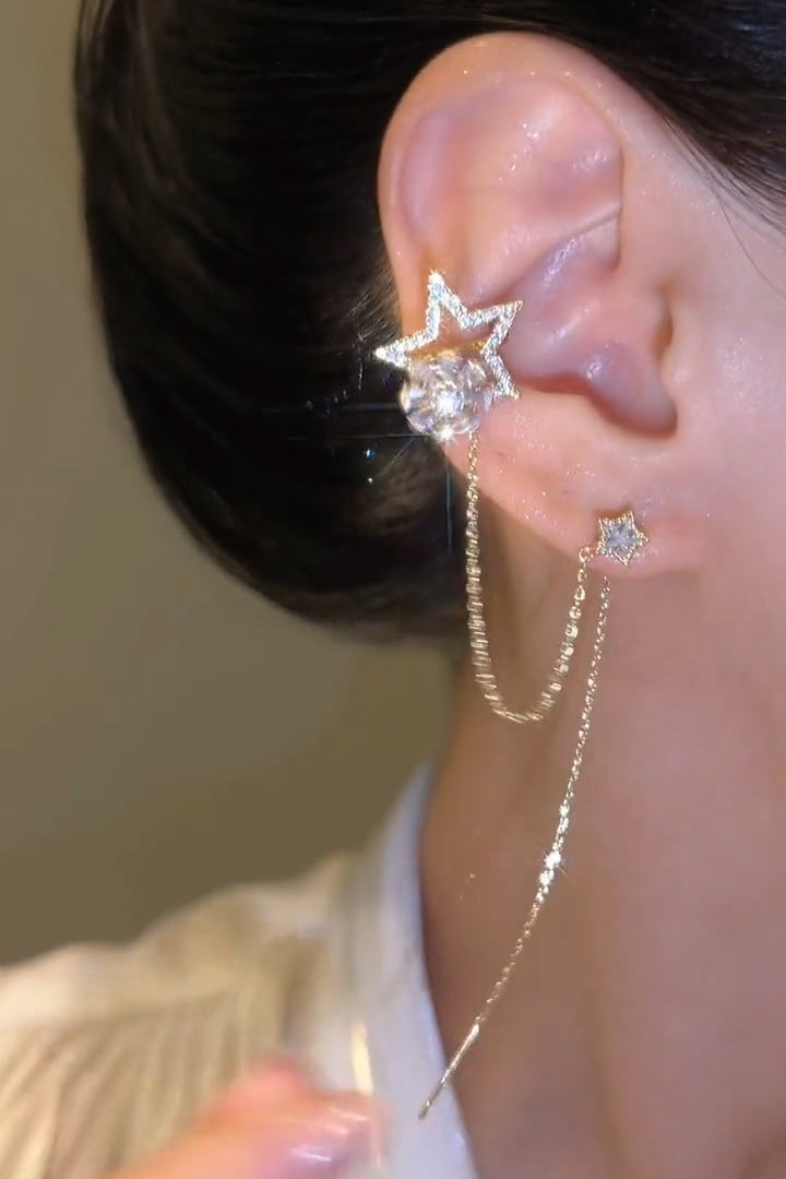 XYW 回転可能五角星太陽花 耳クリップ&ピアス一体式  ロングフリンジ ピアス イヤーカフー