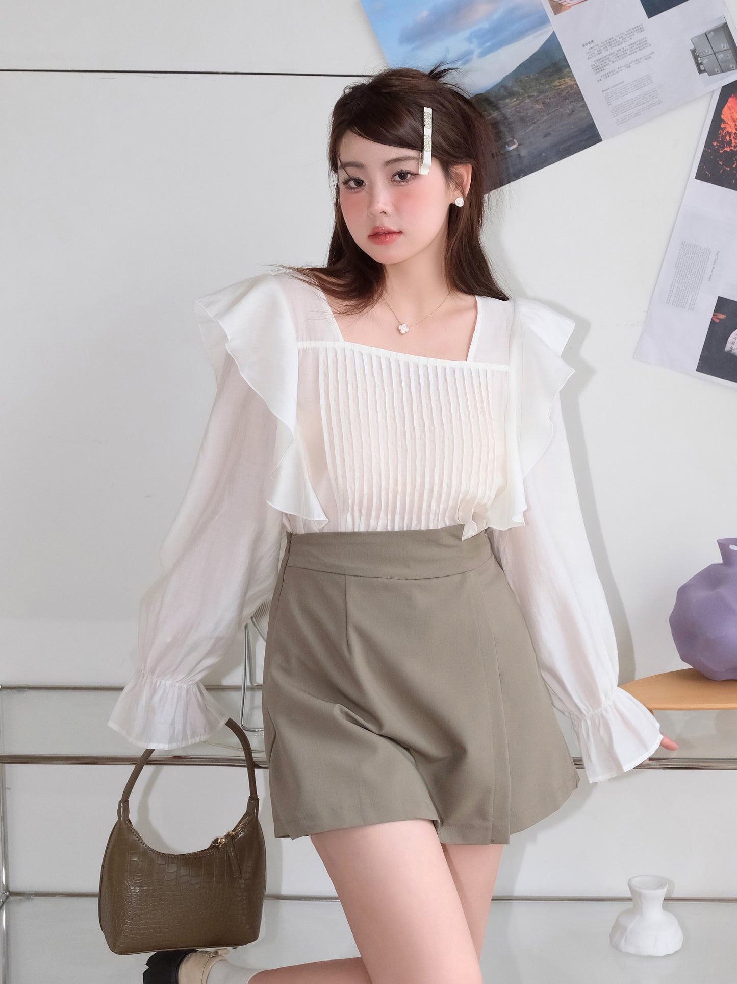 【予約】XYW  フレンチ  フリル  シャツ + キュロット  スカート  ショートパンツ  セット フェミニン