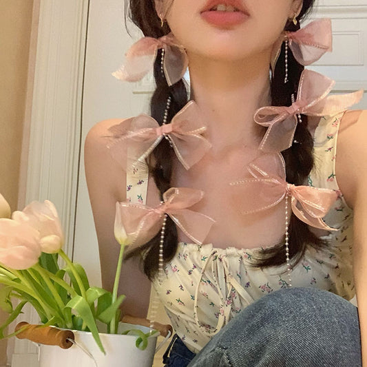 YQQ   リボンヘアピン  ロングタイプのパールヘアピン  編髪する  髪飾り  おしゃれでかわいい
