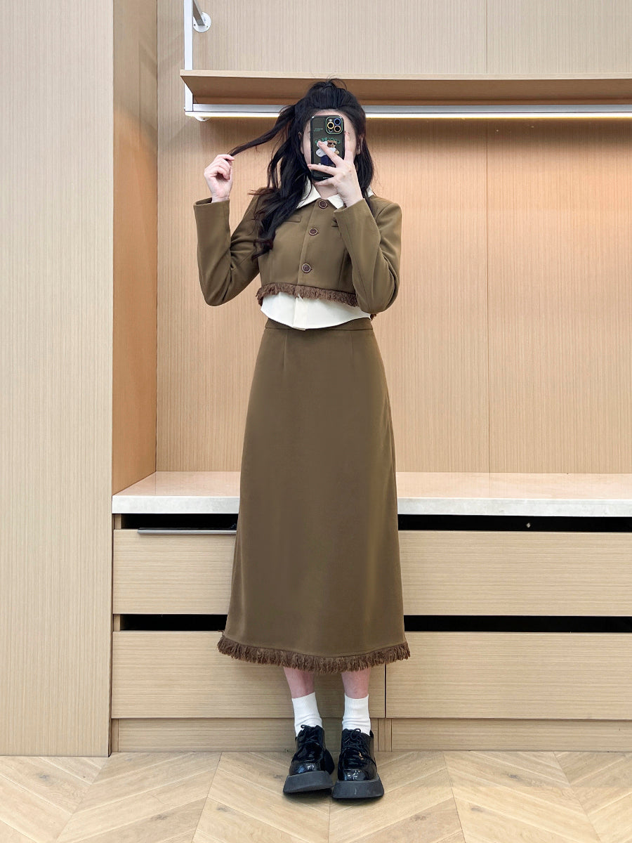 XYW レトロスタイル タッセル トップス ショートコート＋ロングスカート/ミニスカート セット