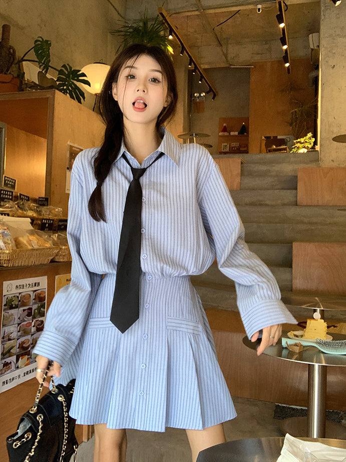 XYW  長袖  ストライプ  シャツ  ワンピース + ネクタイ + グレーカーディガン  セット