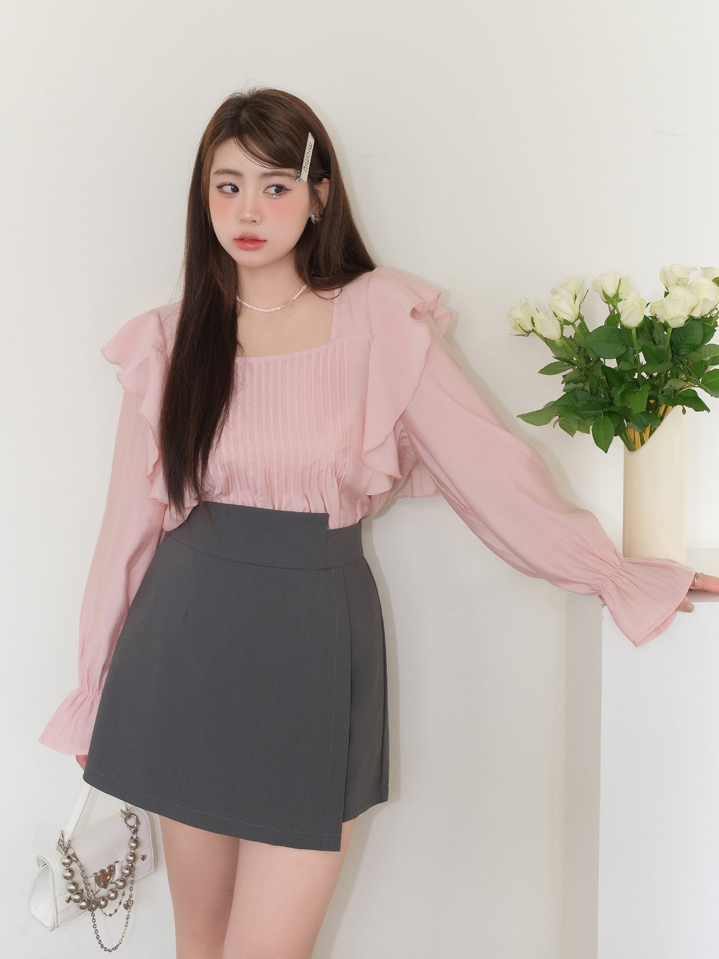 【予約】XYW  フレンチ  フリル  シャツ + キュロット  スカート  ショートパンツ  セット フェミニン