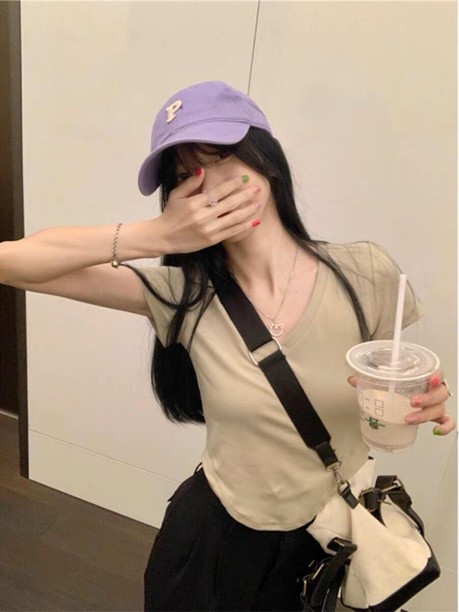 XYW  Vネック  不規則な裾  ショート  Tシャツ  全5色