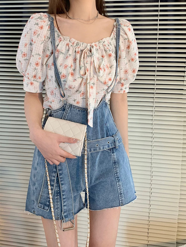 XYW  夏 シフォン  花柄トップス  デニム  オーバーオール  セット