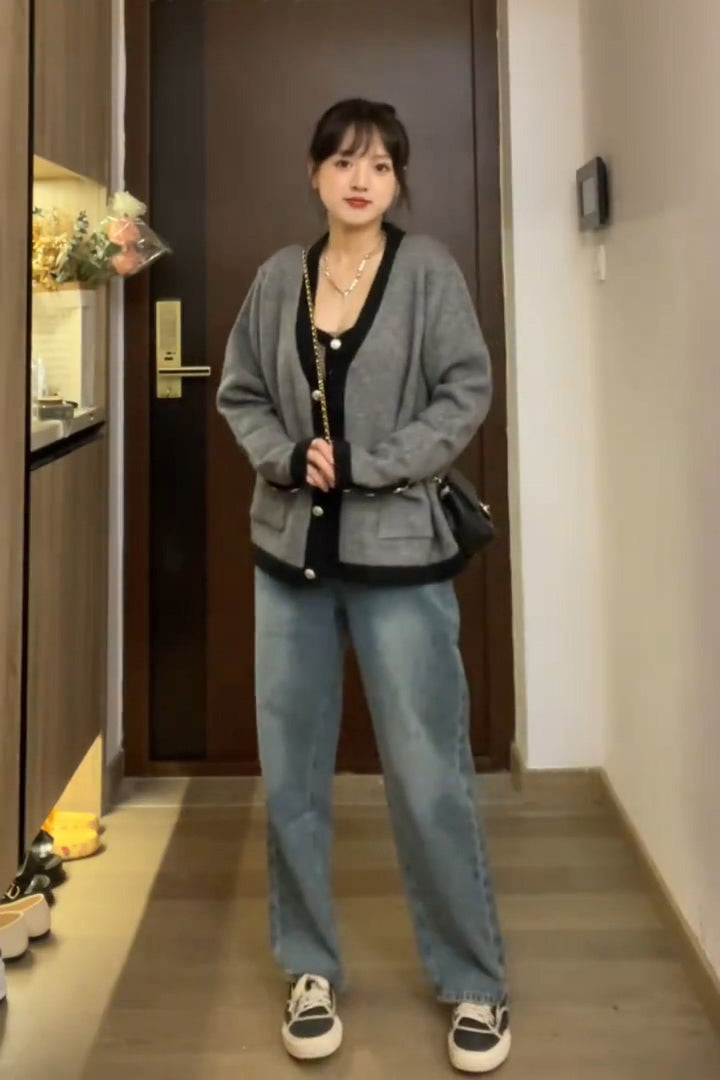 XYW 秋新作 ゆるい ハイウエスト ジーンズ ストレートパンツ