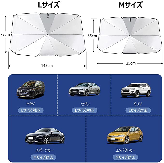 YQQ 車用 サンシェード 軽自動車 日よけ サンシェード 折りたたみ傘仕様 取り付き簡単 収納便利 遮光 遮熱 カーフロントガラスカバー プライバシー保護 UV 紫外線カット 暑さ対策 収納ポーチ付き (L（79×145cm）)