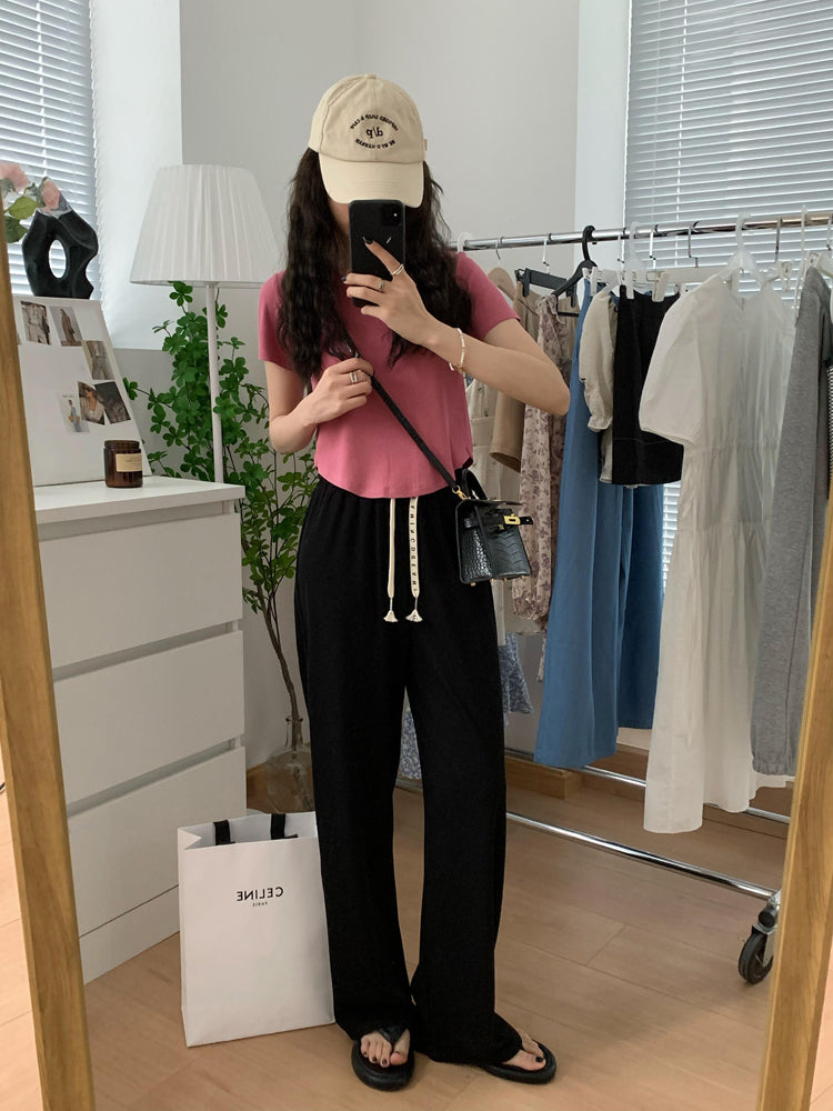 前壳 XYW  丸みを帯びた裾  ショートTシャツ   アイスシルク ワイドパンツ カジュアルパンツ   セット