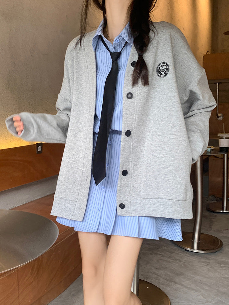 XYW  長袖  ストライプ  シャツ  ワンピース + ネクタイ + グレーカーディガン  セット