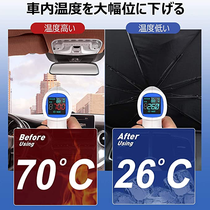 YQQ 車用 サンシェード 軽自動車 日よけ サンシェード 折りたたみ傘仕様 取り付き簡単 収納便利 遮光 遮熱 カーフロントガラスカバー プライバシー保護 UV 紫外線カット 暑さ対策 収納ポーチ付き (L（79×145cm）)