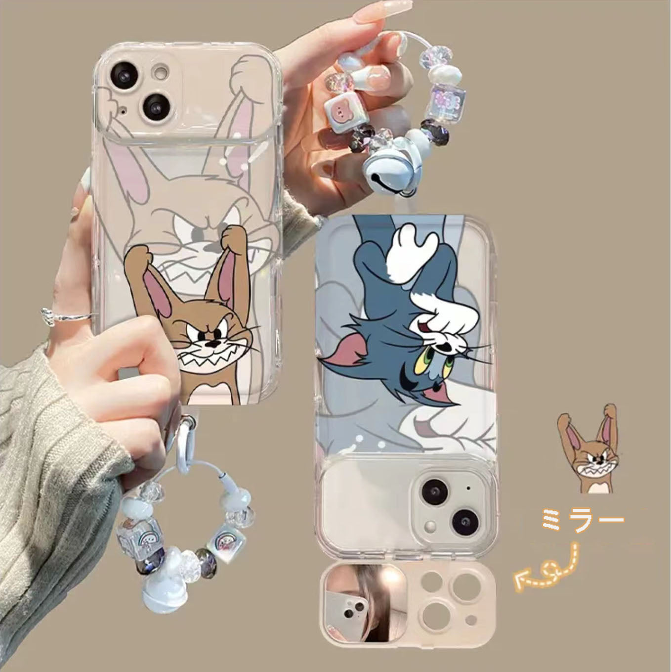 LF 可愛い トムとジェリー スマホケース  携帯電話ケース  化粧鏡  スタンド