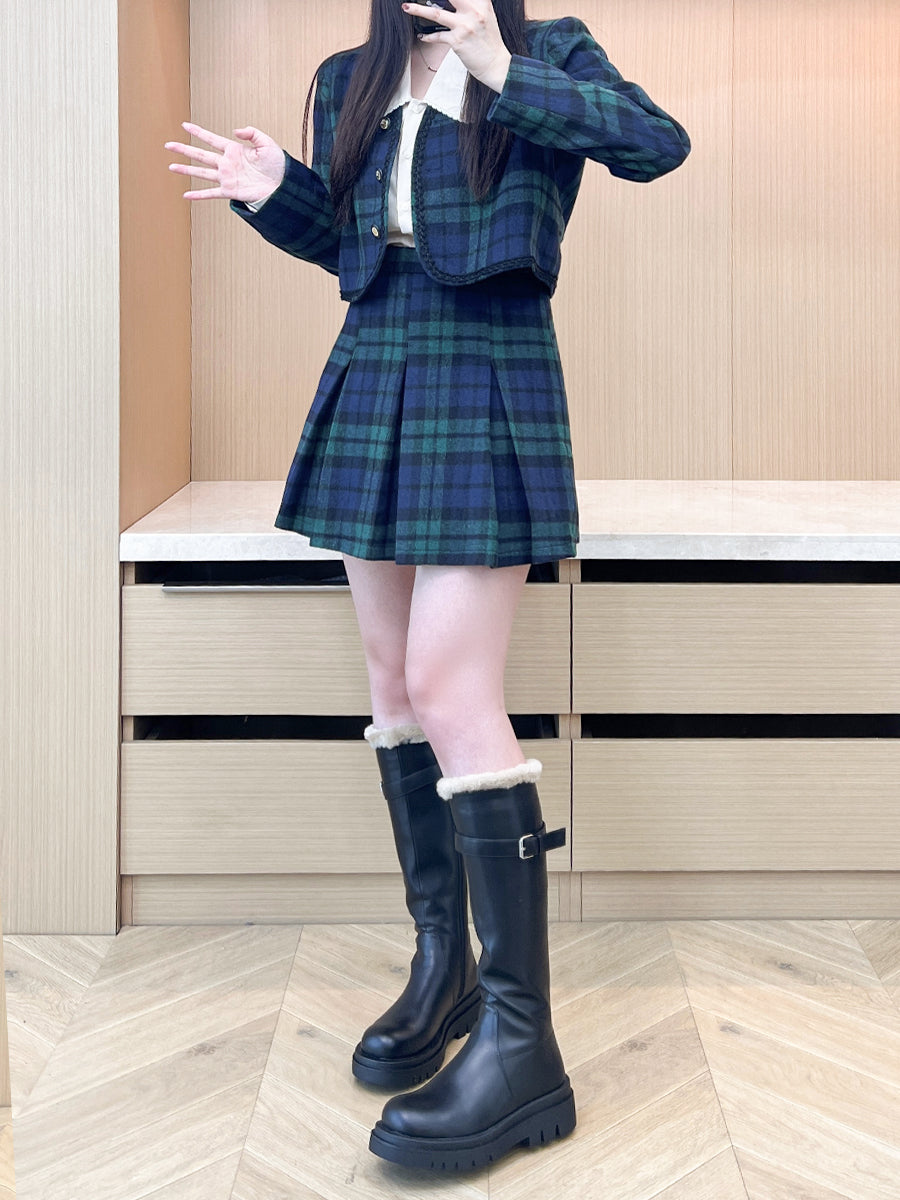 XYW  予約  着やせ レトロスタイル チェック コート + プリーツスカート + シャツ
