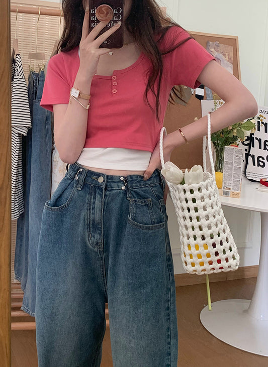 XYW  新作  ウエスト調節可能 ジーンズ   フェイク・ツーピースTシャツ