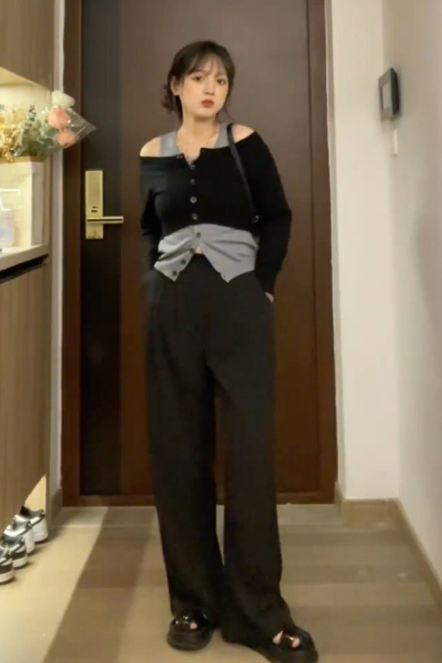 XYW フェイクレイヤード  オフショルダーニット カーディガン