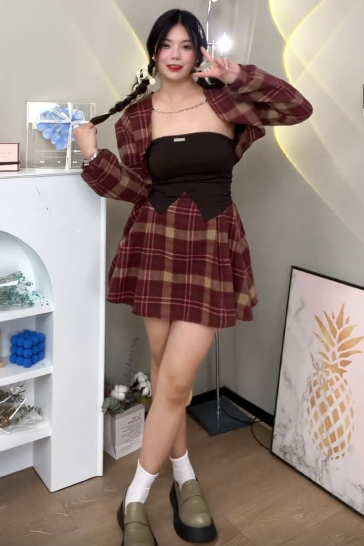 前壳  XYW  チェック柄 ショートコート+オフショルダーネック ワンピース セット かわいい かっこいい