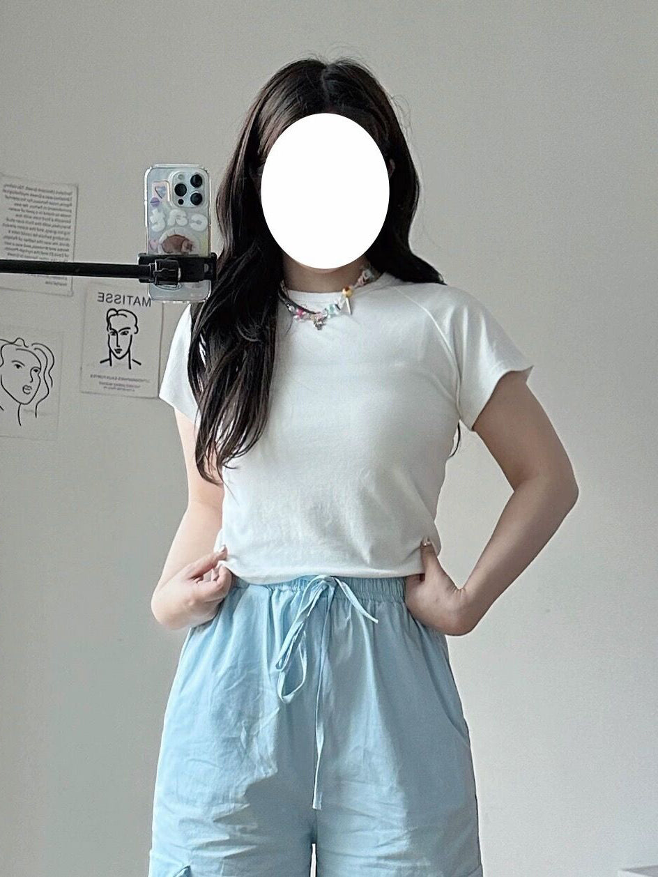 XYW  ホワイト  ラウンドネック  ショートTシャツ + ブルー  ハイウエスト  カーゴパンツ